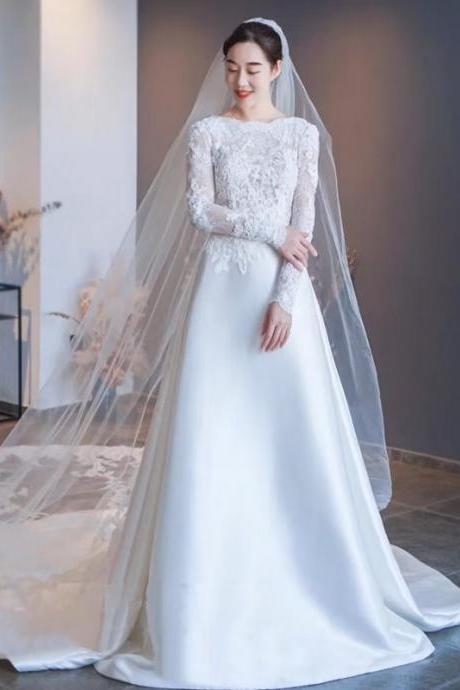 Bridal Long Sleeve Dress, Simple Bridal Dress,high Quality Long Train Wedding Dress,custom Made