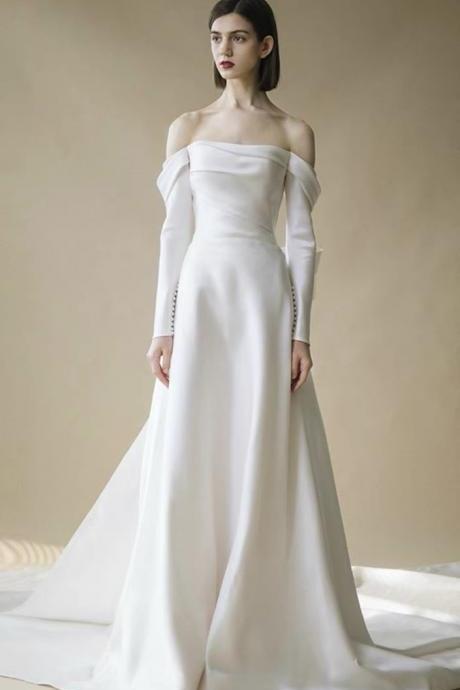 Off Shoulder Wedding Dress, White Wedding Dress, Elegant Bridal Dress,long Sleeve Satin Wedding Dress,custom Made