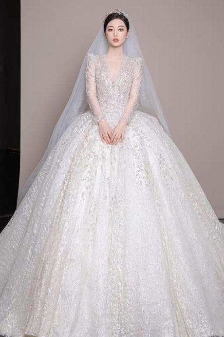 Off Shoulder Wedding Dress, Dreamy Wedding Dress, Glitter Bridal Dress,long Sleeve Satin Wedding Dress,custom Made