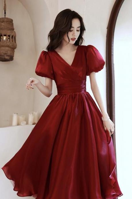 Satin Prom Dress,v-neck Party Dress ,red Midi Dress,simple Bridesmaid Dress,handmade