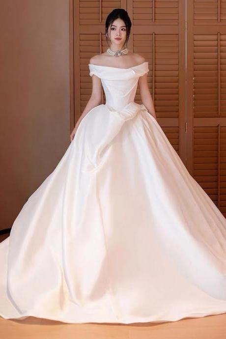 Off Shoulder Wedding Dress, High Quality Satin Wedding Dress, Long Sleeve Bridal Train Dress,handmade