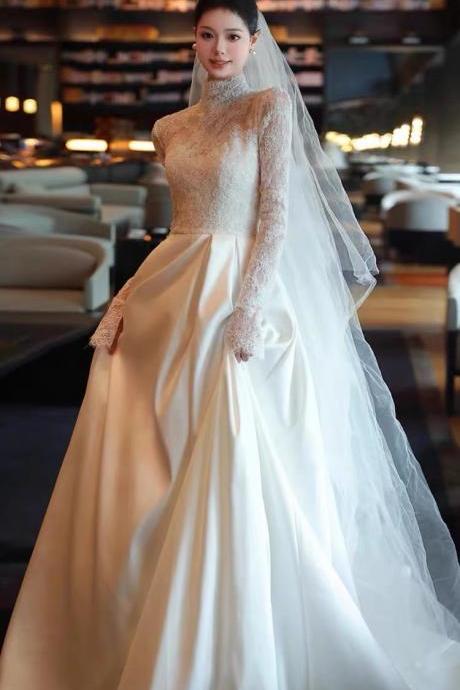 Light Wedding Dress, Bridal Dress, White Lace Long Sleeve Simple Train Dress, High Neck Arabian Wedding Dress,handmade