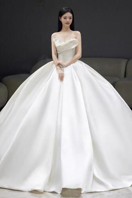 Satin Strapless Wedding Dress, High Quality Texture Wedding Dress, Train Bridal Dress,handmade