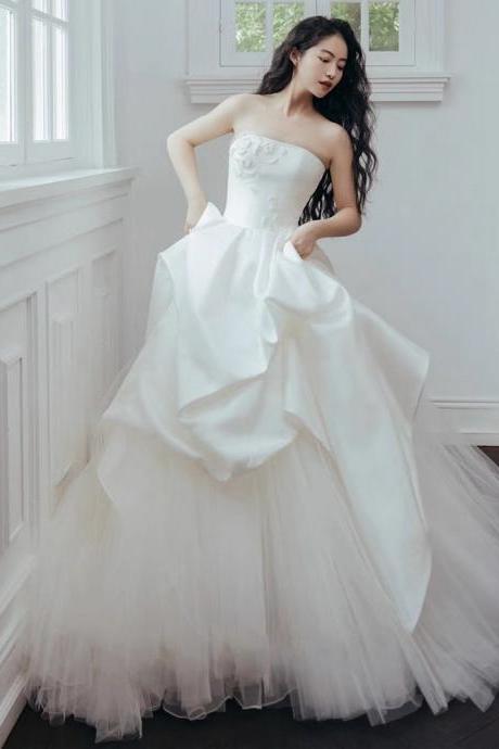 Strapless Wedding Dress, Bridal High Quality Satin Dress, Super Fairy French Vintage Wedding Dress,handmade