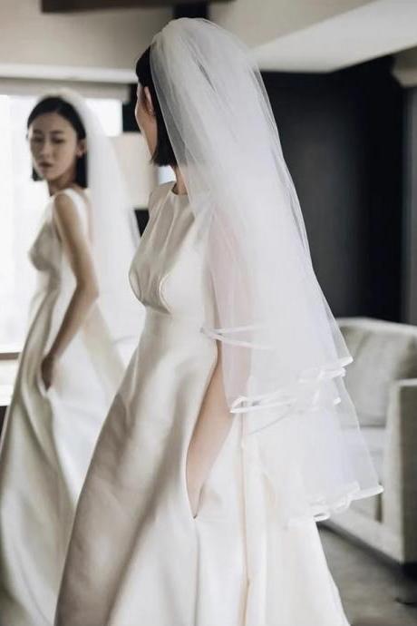 Sleeveless Wedding Dress, High Quality Satin Simple Dress, Small Tail Light Wedding Dress, Sexy Bridal Dress,handmade