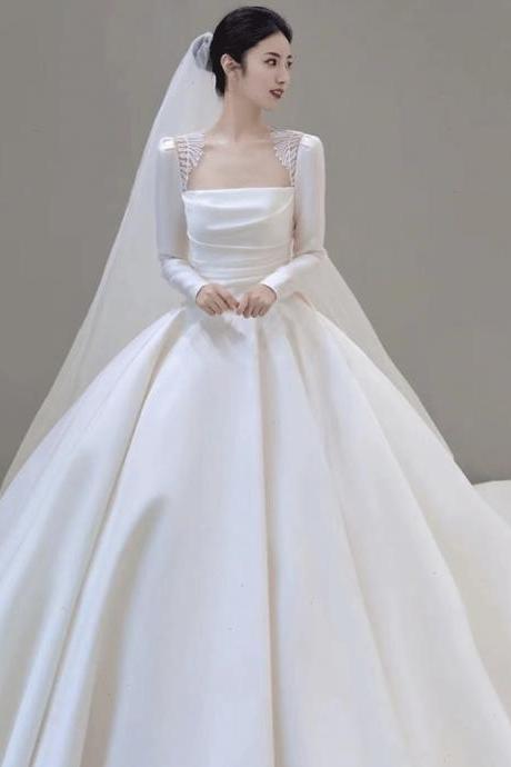 Satin Wedding Dress, Long Sleeve Bridal Dress, Trailed Heavy Industry Advanced French Light Vintage Wedding Dress,custom Made