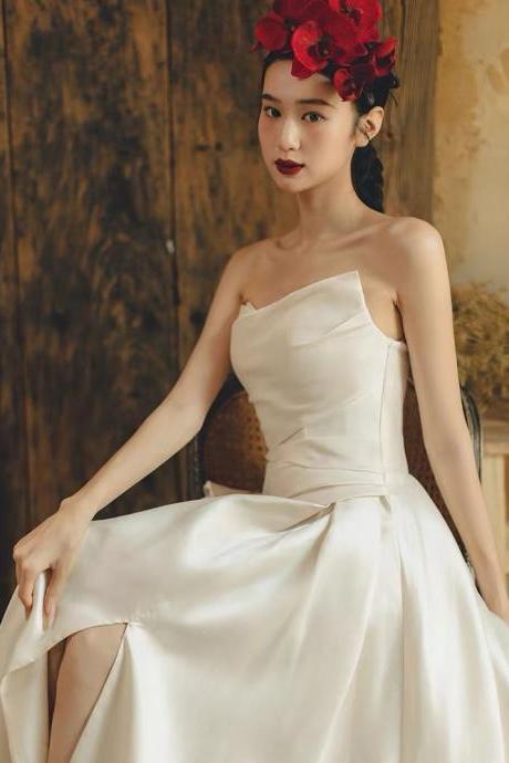 Strapless Light Wedding Dress, Light Luxury Small Luxury Satin Dress, Simple Split Travel Shot Wedding Dress,handmade