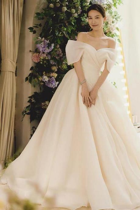 Bridal Off Shoulder Dress, Satin Train Wedding Dress, Simple Wedding Dress,handmade
