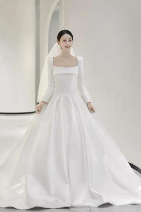 Elegant Wedding Dress, Long Sleeve Satin Simple Bridal Dress, Train Senior Texture Wedding Dress,custom Made
