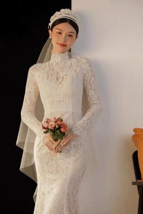 High Collar Light Wedding Dress, Bride Simple Long Sleeve Wedding Dress, Mermaid White Lace Dress,handmade