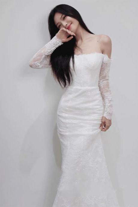 Off Shoulder Wedding Dress,lace Bridal Dress, White Lace Long Sleeve Simple Train Dress,handmade