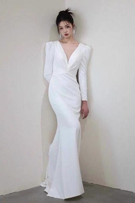 V-neck Wedding Dress,satin Bridal Dress, White Long Sleeve Wedding Dress,handmade