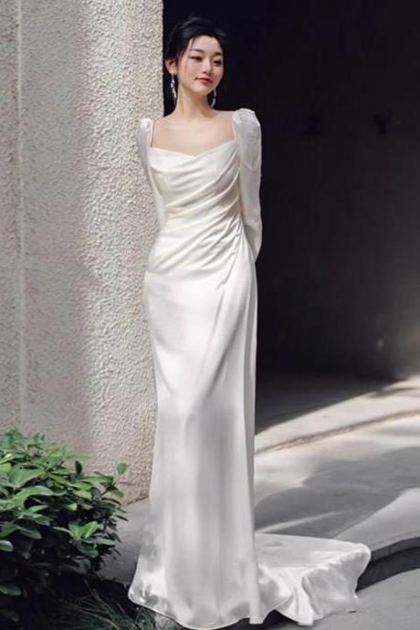 Off Shoulder Wedding Dress,satin Bridal Dress, White Long Sleeve Wedding Dress,handmade