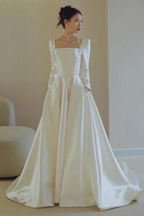Satin Wedding Dress, Long Sleeve Bridal Dress, Off Shoulder Wedding Dress,custom Made