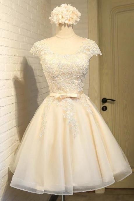 O-neck Party Dress,lace Bridesmaid Dress, Cute Cap Sleeve Homecoming Dress,handmade