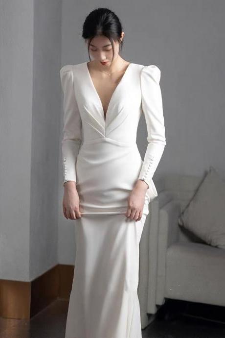Satin Light Wedding Dress, Simple Long Sleeve Wedding Dress, White Mermaid Bridal Dress, Advanced Sense,handmade