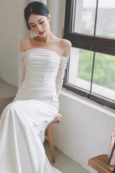 Light Wedding Dress, Long Sleeve Lace Wedding Dress, Off-shoulder Satin Mermaid Dress, Small Train Wedding Dress,handmade