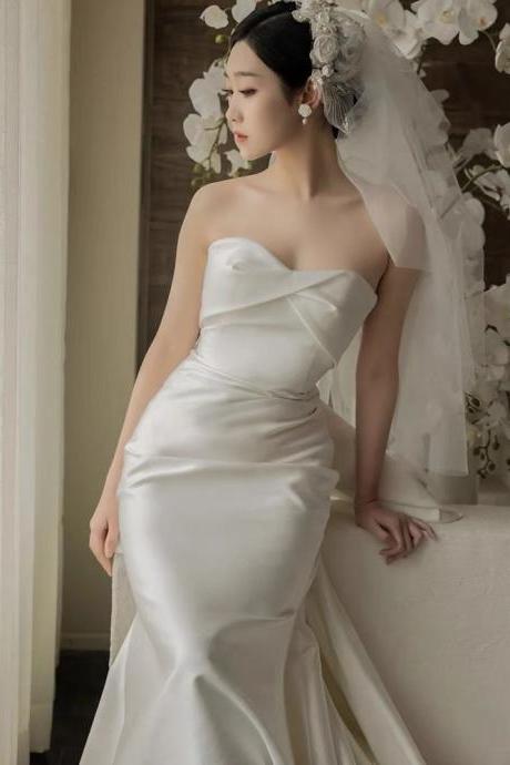 Strapless Wedding Dress, Simple Bridal Dress,advanced Satin Dress,mermaid Wedding Dress ,handmade