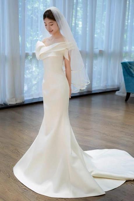 Off Shoulder Wedding Dress,satin Bridal Dress, White Mermaid Wedding Dress,handmade