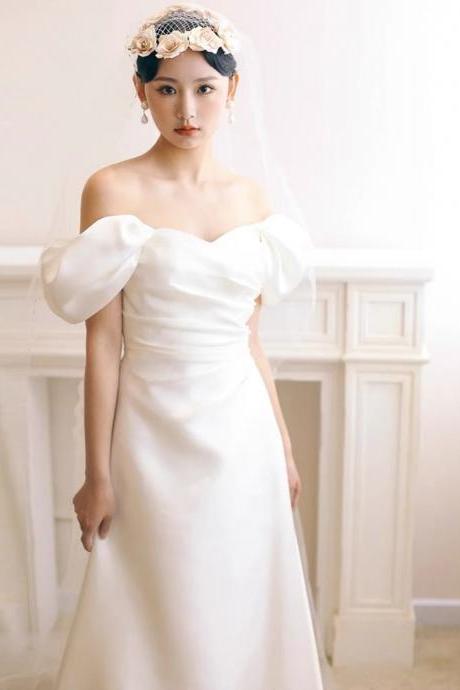 Strapless light wedding dress, simple small train dress, off shoulder slim bodycon dress, senior wedding dress ,Handmade