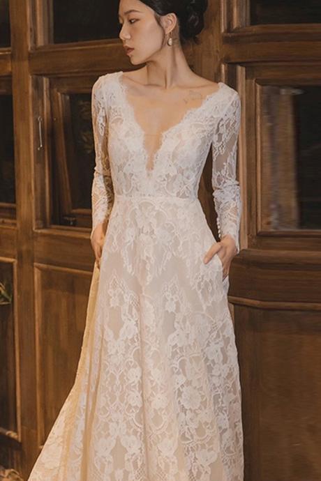 Lace Long-sleeved Light Wedding Dress, High-grade Temperament Long Train Dress, Sexy V-neck Bridal Wedding Dress,handmade