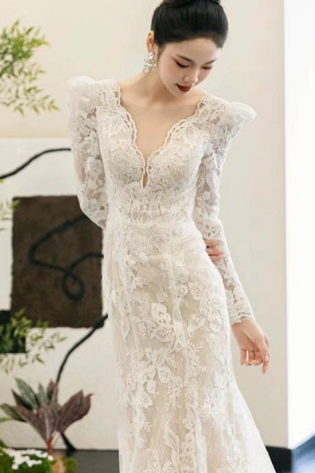 Lace Mermaid Light Wedding Dress, Light Luxury Wedding Dress, Long-sleeve Socialite Wedding Dress ,handmade