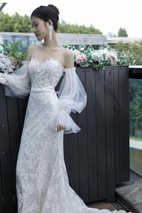 Lace Mermaid Light Wedding Dress, Light Luxury Wedding Dress, Strapless Wedding Dress ,handmade