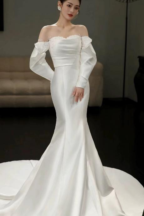 Strapless Light Wedding Dress, Simple Small Train Dress, Off Shoulder Slim Bodycon Dress, Senior Wedding Dress ,handmade