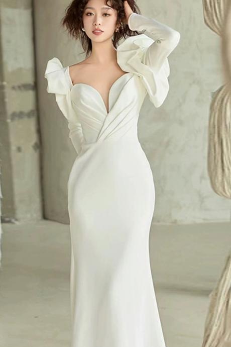 Off Shoulder Wedding Dress,satin Bridal Dress, White Mermaid Wedding Dress,handmade