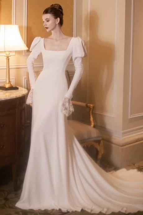 Long Sleeve Light Wedding Dress, White Satin Mermaid Dress, Train Long Sleeve Simple Lace Bridal Dress,handmade