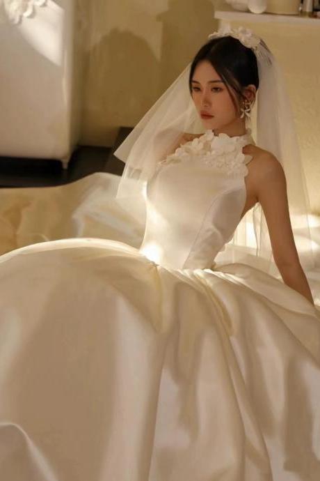 Vintage High Sense Satin Bridal Dress, Flower Wedding Dress, Hanging Neck Wedding Dress ,handmade