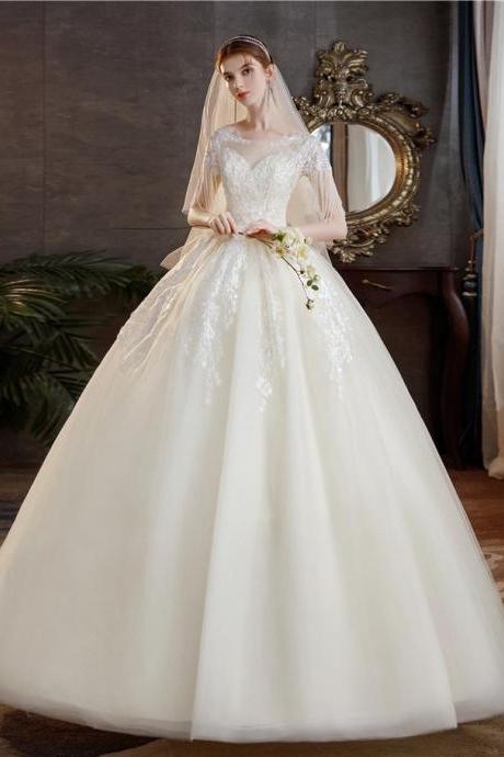 Round Neck Light Wedding Dress, Off Shoulder Bridal Dress,champagne Wedding Dress,handmade
