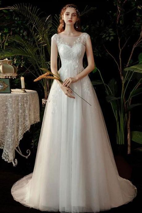 Round Neck Light Wedding Dress, Fashion Simple Wedding Dress, Cap Sleeve Fairy Bridal Dress