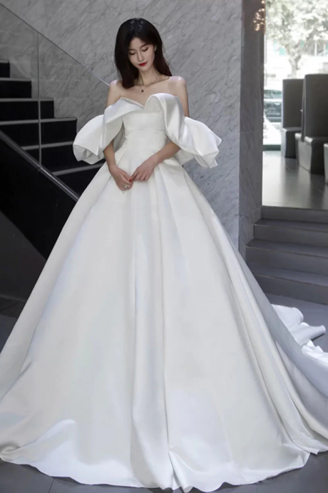 White Off Shoulder Satin Long Wedding Dress White Bridal Gown