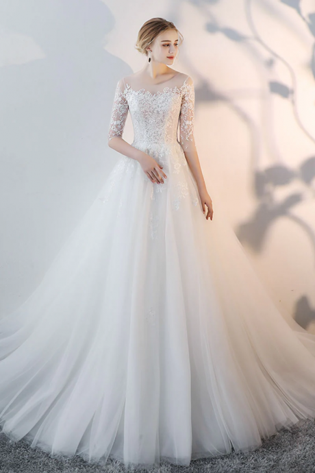 White Round Neck Tulle Lace Long Bridal Gown Lace Wedding Dress