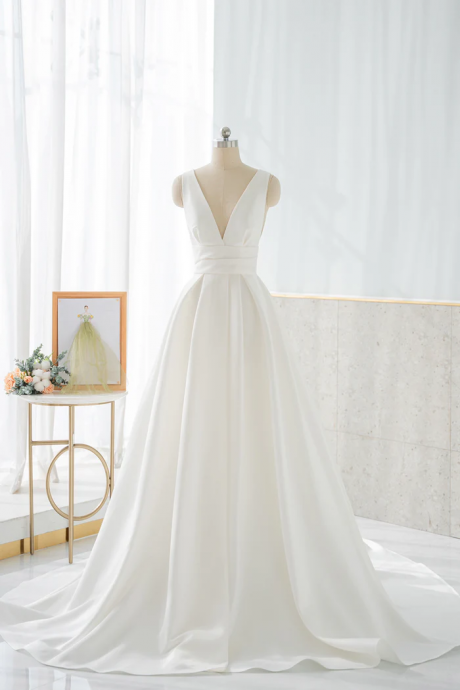 White V-neck Satin Long Prom Dress, Simple A-line Formal Dress,white Wedding Dress