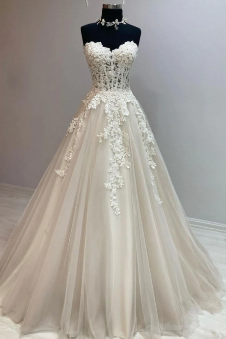 Champagne Strapless Lace Long Prom Dress, A-line Formal Evening Dress,lace Wedding Dress