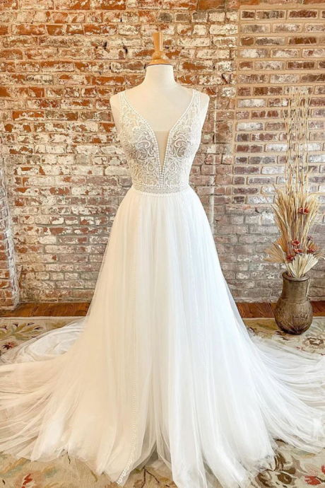 White Tulle Lace Long Prom Dress, A-line V-neck Formal Evening Dress,lace Wedding Dress