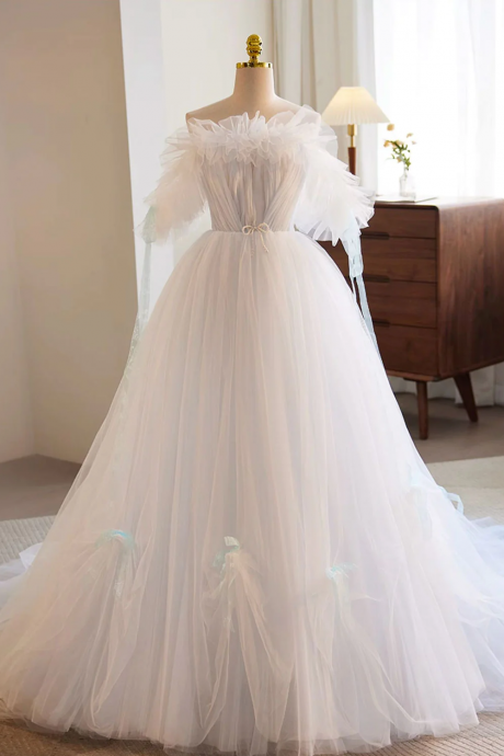 White A-line Tulle Long Prom Dress, White Formal Dress