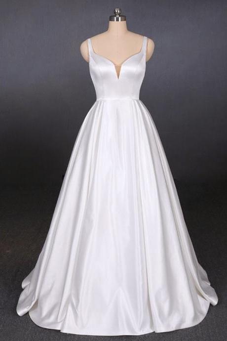 Sleeveless Satin Bridal Wedding Dress, Sexy V-neck Bridal Ddress, Backless Elegant Wedding Dress