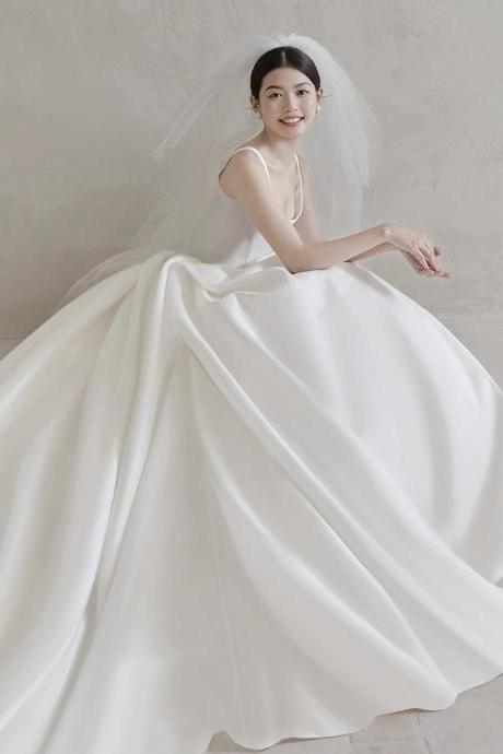 Sleeveless Satin Bridal Wedding Dress, V-neck Bridal Ddress, Backless Elegant Wedding Dress