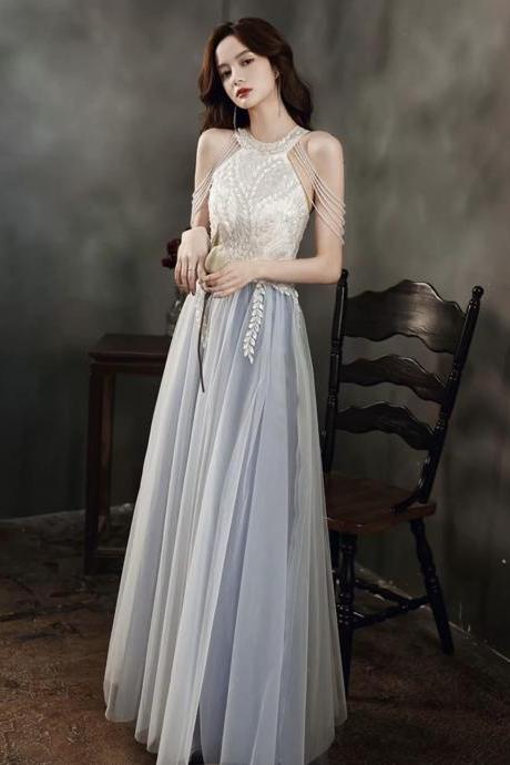 Luxury Prom Dress, Halter Neck Evening Dress, White And Blue Shiny Prom Dress
