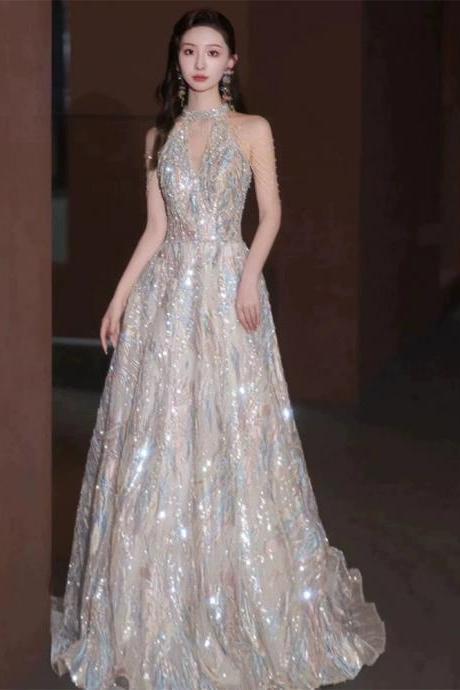 Halterneck Evening Dress, High Quality Light Luxury Prom Dress, Sequined Haute Couture Pary Dress