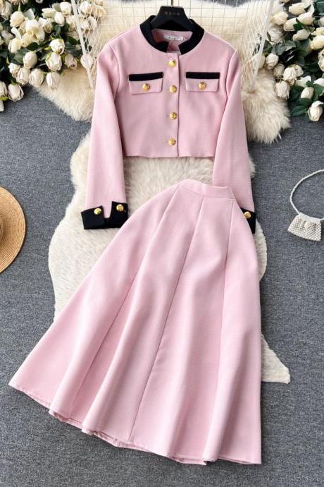 Celebrity, High Sense, Small Fragrance, Metal Breasted Round Neck Suit Jacket, Women&amp;#039;s Two-piece, High-waisted Slimming Skirt