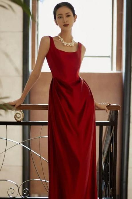 Vintage Simple Premium Wine Red Satin Dress, Spaghetti Strap Evening Dress