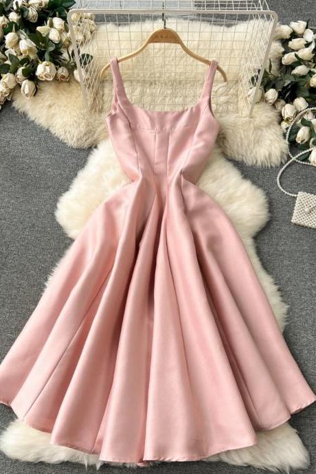 Elegant, Square Neck, Waist, Mid-length Sleeveless Vest Dress, Lady Dress