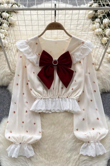 Cute Lace Bow Waisted Blouse, Sweet And Gentle Chiffon Shirt