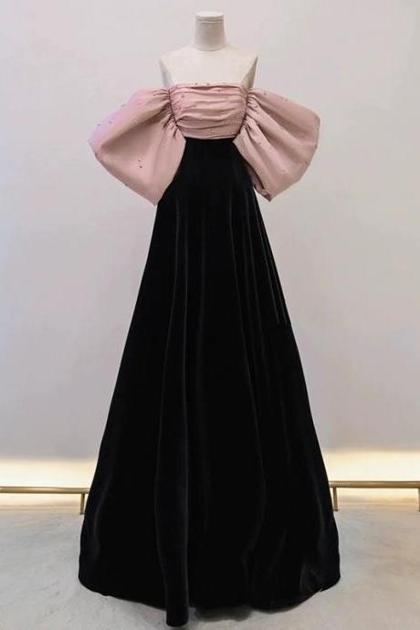 Black/pink Velvet Long Prom Dress, Black Long Formal Dress