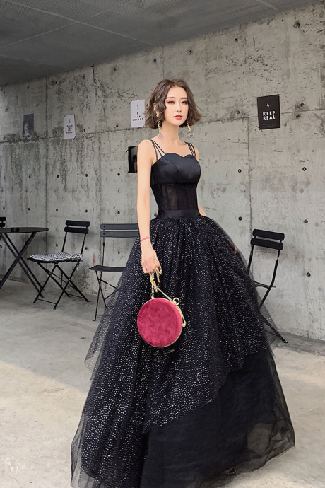 Black Tulle Sequin Long Prom Dress, Black Tulle Formal Dress