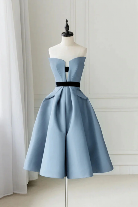 Simple Satin Blue Short Prom Dress, Blue Homecoming Dress